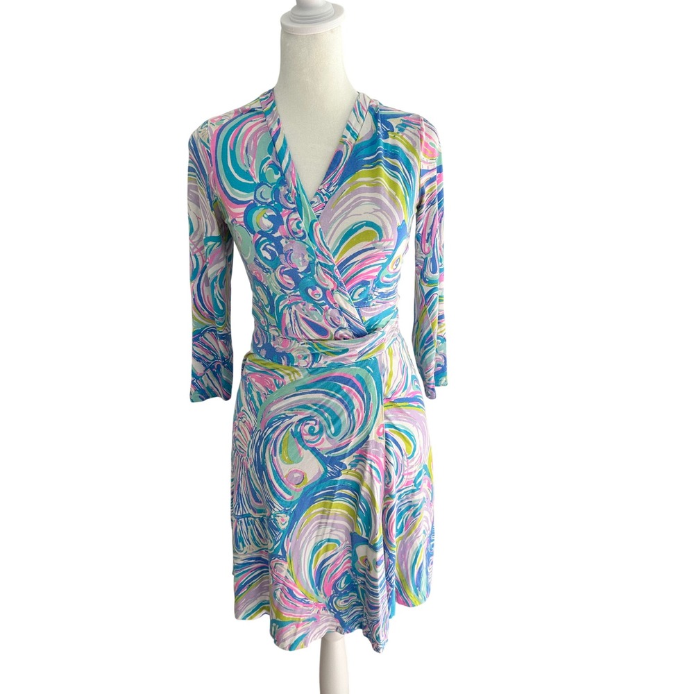 Lilly Pulitzer Emilia Wrap Dress Blue Pink Guilty Pleasure Size XS Beach